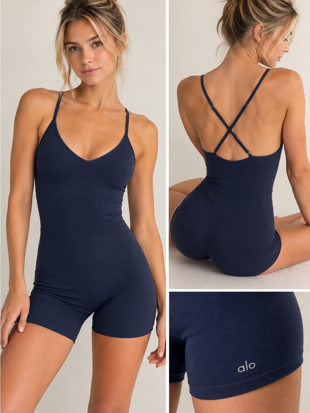 ALO Yoga Navy Ribbed V‑Neck Short Romper